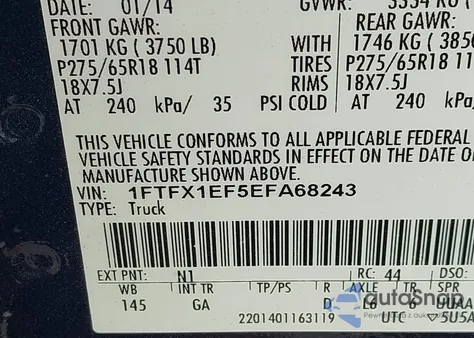 2014 Ford F-150 Xlt из США, поврежденный, VIN 1FTFX1EF5EFA68243